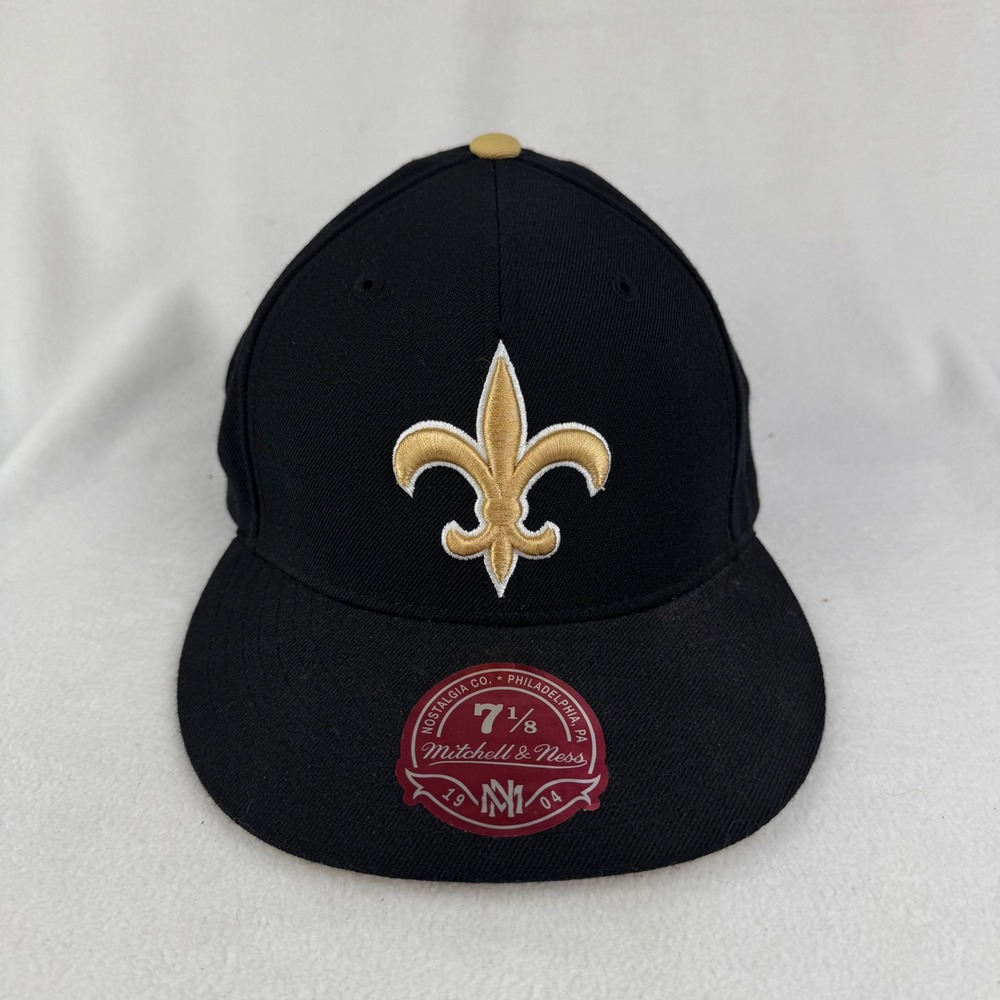 Mitchell & Ness NFL New Orleans Saints Fitted‎ Hat Cap Black Gold Size 7 1/8